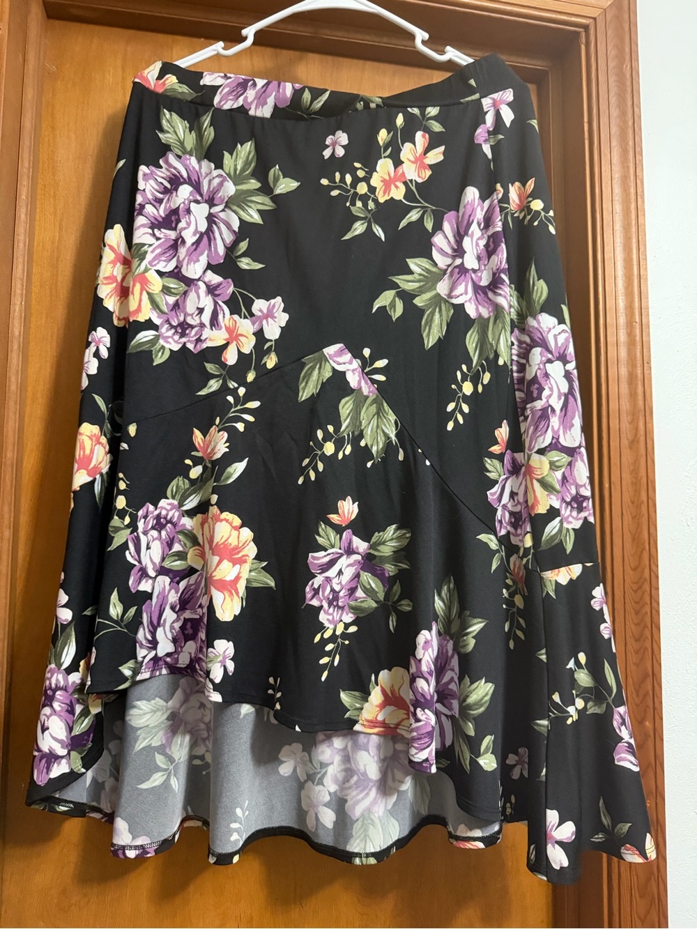 croft & barrow Black High-Low Floral Skirt with Purple & Yellow Blooms